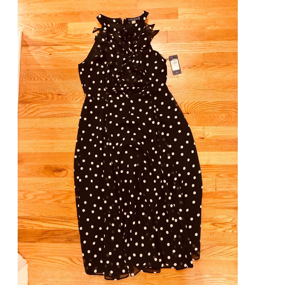 Tommy Hilfiger Polka Dot Ruffle Sleeveless Midi Dress Black White Size 10 NWT